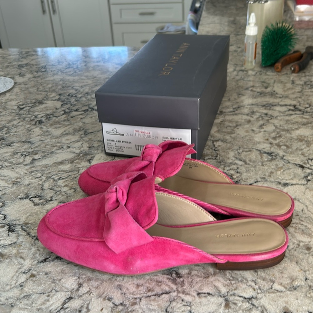 Pink suede slip on with bow flats used in box